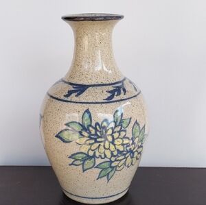 VTG Lopez Pottery Speckled with Blue Yellow Floral Glaze Vase Signed